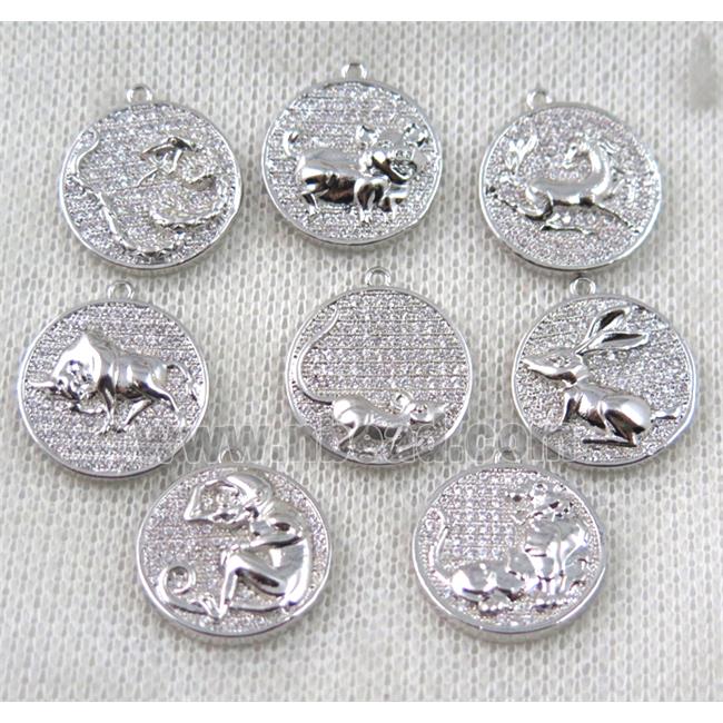 Chinese Zodiac pendant paved zircon, copper, platinum plated