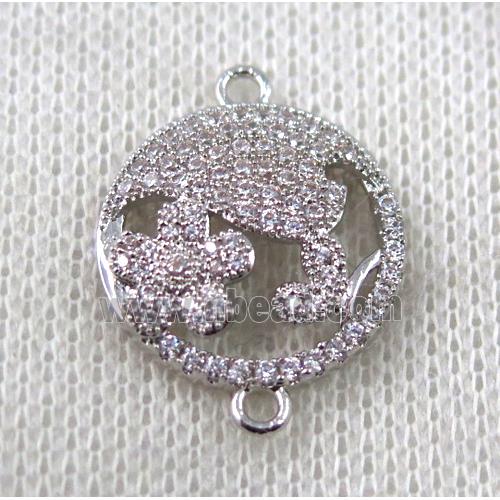 copper circle connector paved zircon with flower, platinum plated