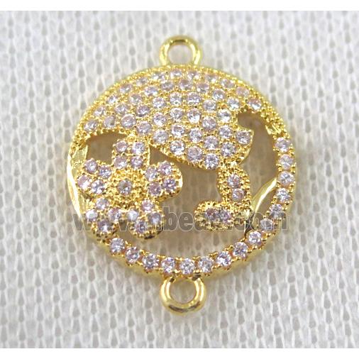 copper circle connector paved zircon with flower, gold plated