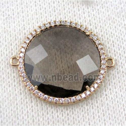smoky Chinese Crystal Glass connector pave zircon, circle, gold plated