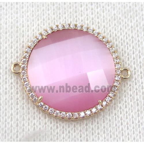 pink Chinese Crystal Glass connector pave zircon, circle, gold plated