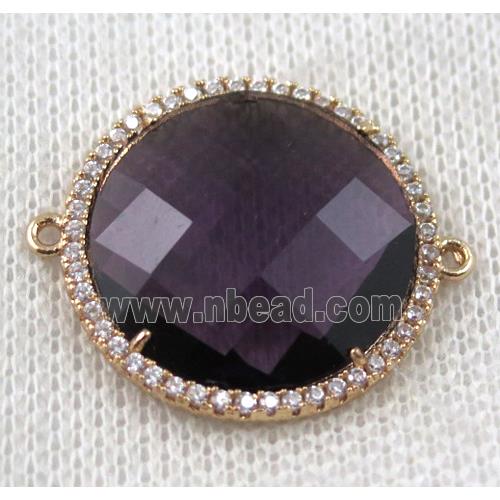 purple Chinese Crystal Glass connector pave zircon, circle, gold plated