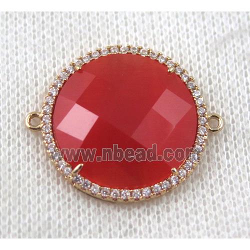 red Chinese Crystal Glass connector pave zircon, circle, gold plated