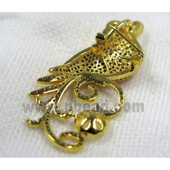 copper peacock brooch paved zircon, gold plated