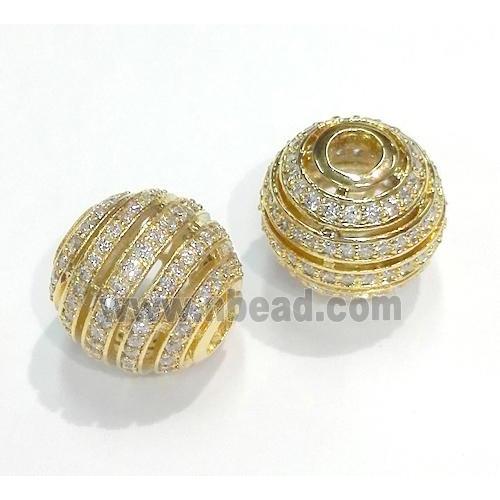 paved zircon copper bead, round, gold plated