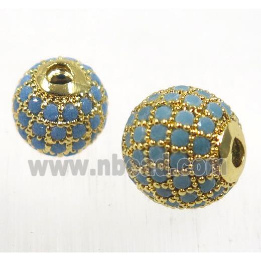 round copper beads pave zircon, turq, gold plated