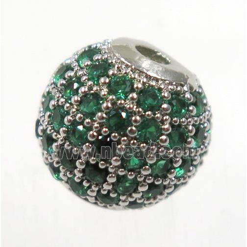 round copper beads pave green zircon, platinum plated