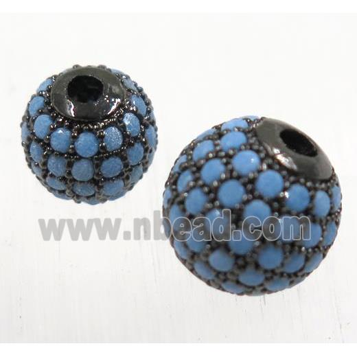 round copper beads pave zircon, black plated, turq