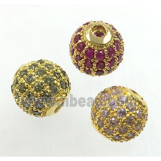 round copper beads pave zircon, gold plated, mix