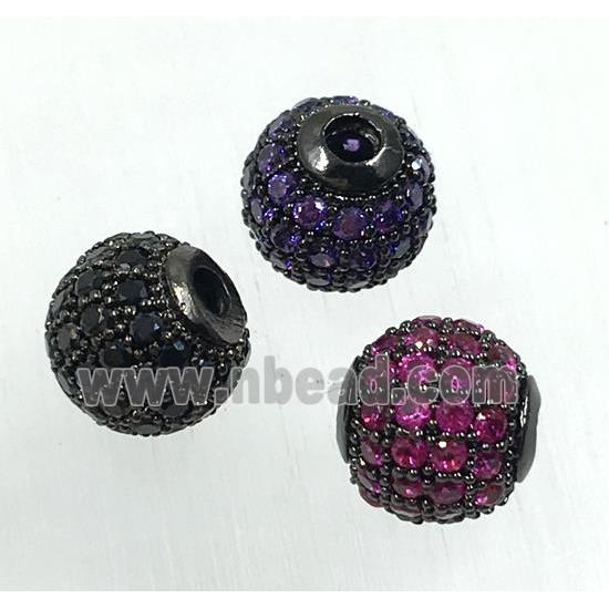 round copper beads pave zircon, black plated, mix color
