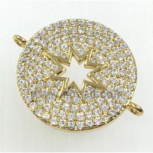 copper button connector pave zircon, north star, gold plated