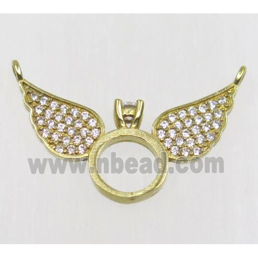 raw Brass Angel wing pendant paved zircon with 2loops