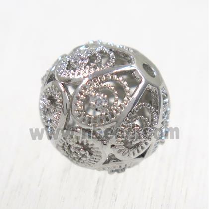 round copper beads pave zircon, platinum plated