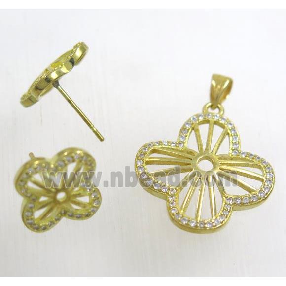 Raw Brass pendant and earring studs paved zircon