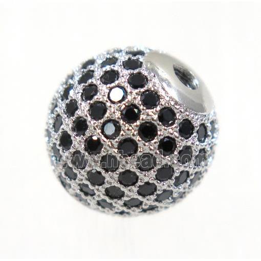 round copper beads paved black zircon, platinum plated