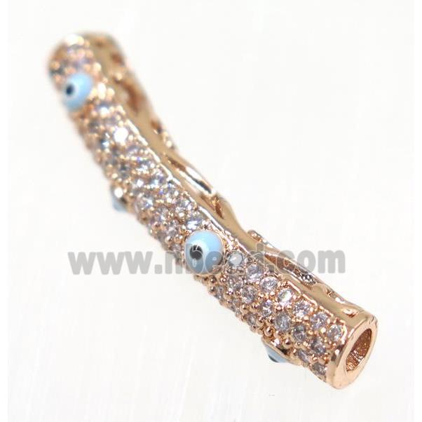 copper tube beads paved zircon with evil eye, rose gold