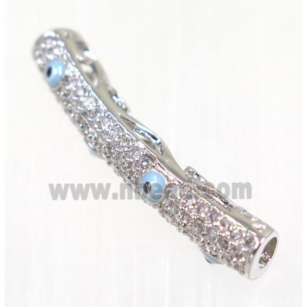 copper tube beads paved zircon with evil eye, platinum plated
