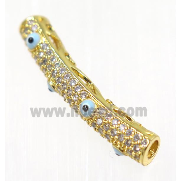 copper tube beads paved zircon with evil eye, gold plated