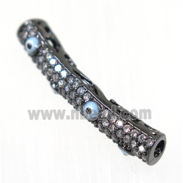 copper tube beads paved zircon with evil eye, black plated