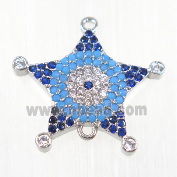 copper Star connector paved zircon, platinum plated, turq