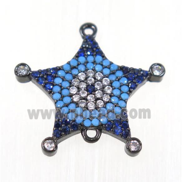 copper Star connector paved zircon, black plated, turq