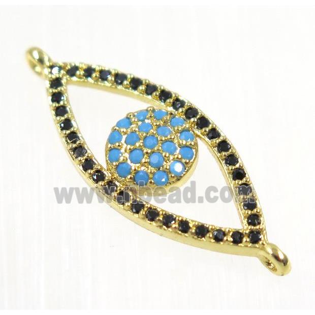 copper eye charm connector paved zircon, gold plated, turq