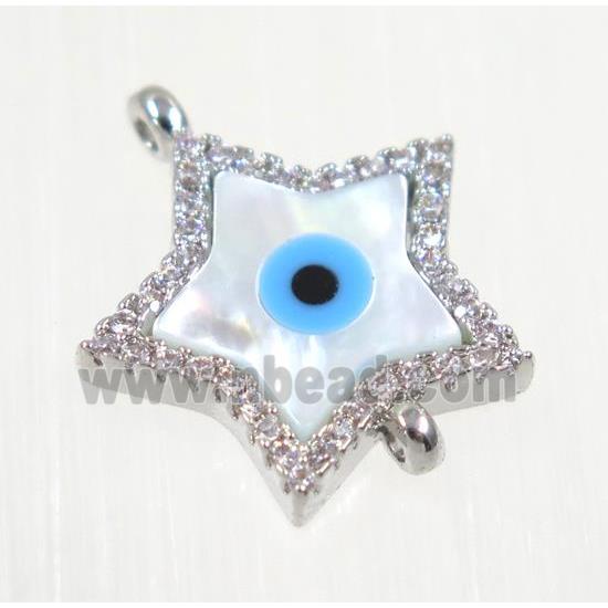 copper Star connector paved zircon with evil eye, platinum plated
