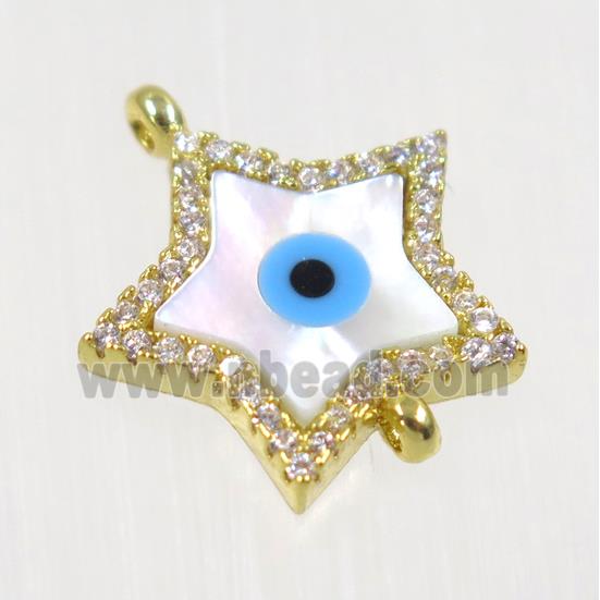 copper Star connector paved zircon with evil eye, gold plated