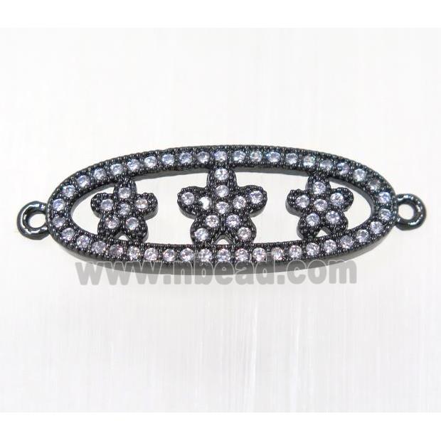 copper oval connector paved zircon with flower, black plated