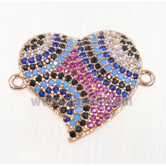 copper Heart connector paved zircon, rose gold, multi-color