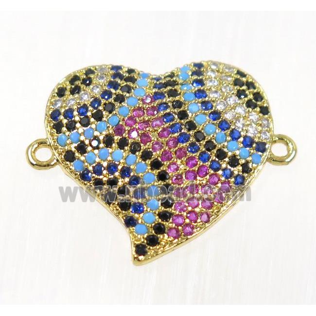 copper Heart connector paved zircon, gold plated, multi-color