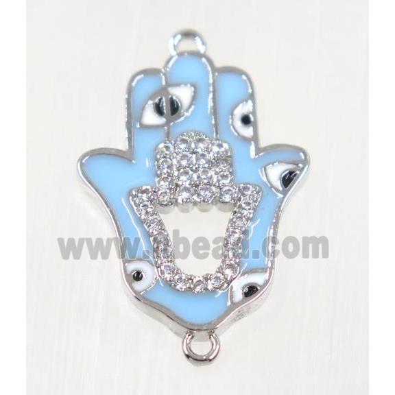 copper Hamsahand connector paved zircon with evil eye, platinum plated