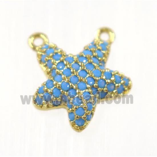 copper Starfish pendant paved zircon with 2loops, gold plated, turq