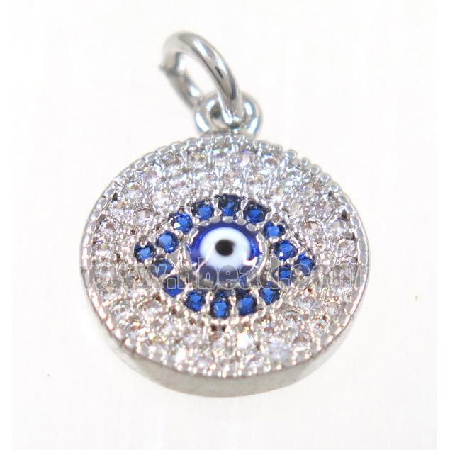 copper Evil eye pendant paved zircon, platinum plated