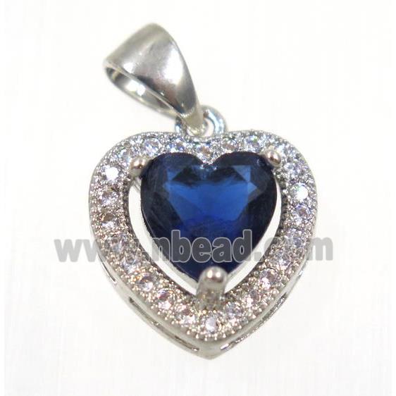 copper Heart pendant paved blue zircon, platinum plated