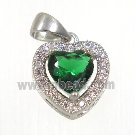 copper Heart pendant paved green zircon, platinum plated