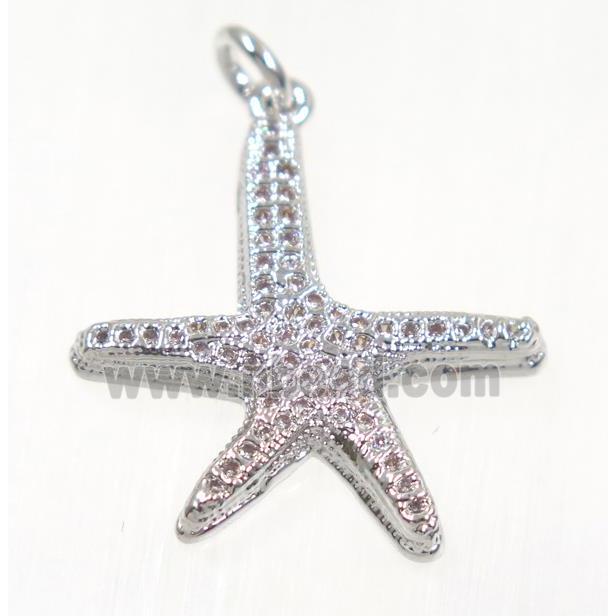 copper Starfish pendant paved zircon, platinum plated