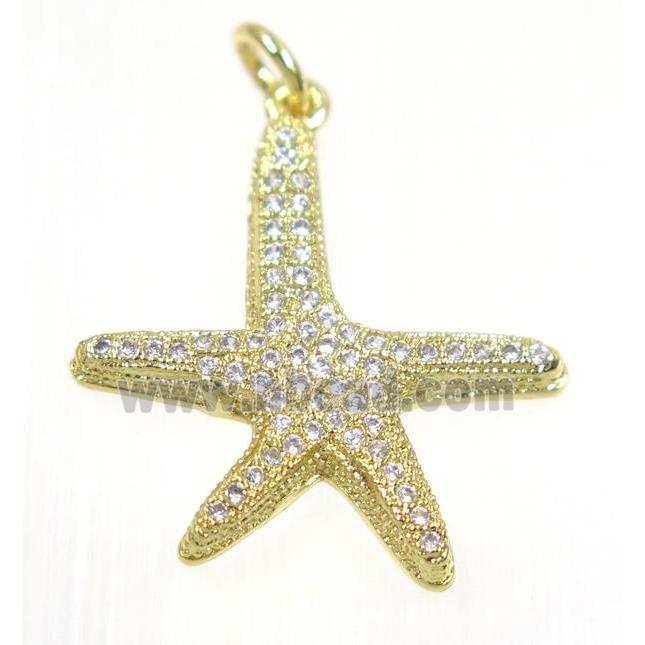 copper Starfish pendant paved zircon, gold plated