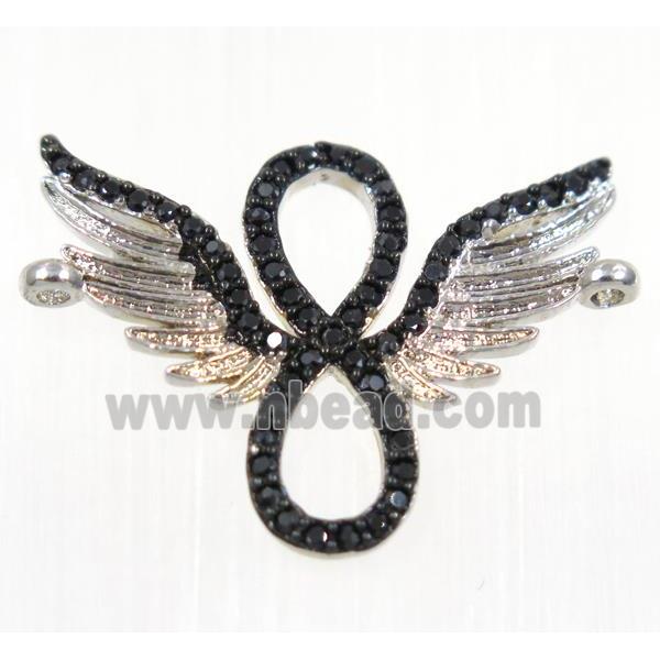 copper angel wing pendant paved zircon with 2loops, platinum plated