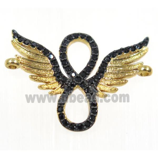 copper angel wing pendant paved zircon with 2loops, gold plated
