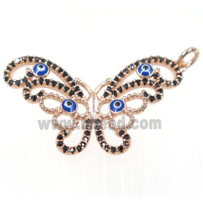 copper butterfly pendant paved zircon with evil eye, rose gold