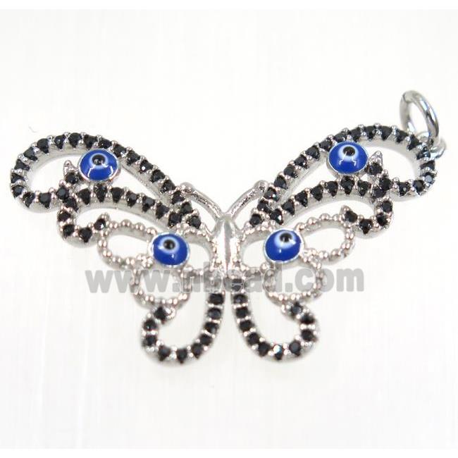 copper butterfly pendant paved zircon with evil eye, platinum plated