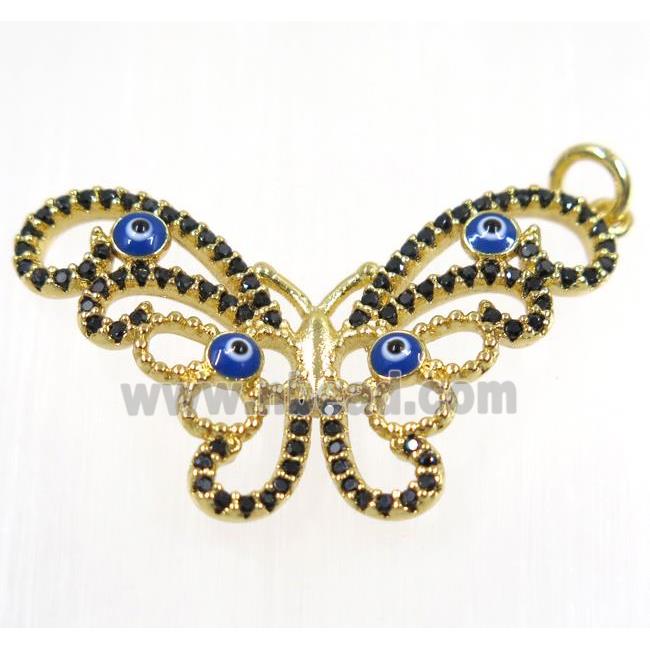copper butterfly pendant paved zircon with evil eye, gold plated
