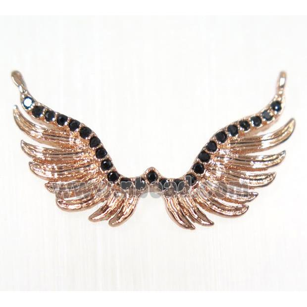 copper angel wing pendant paved zircon with 2loops, rose gold