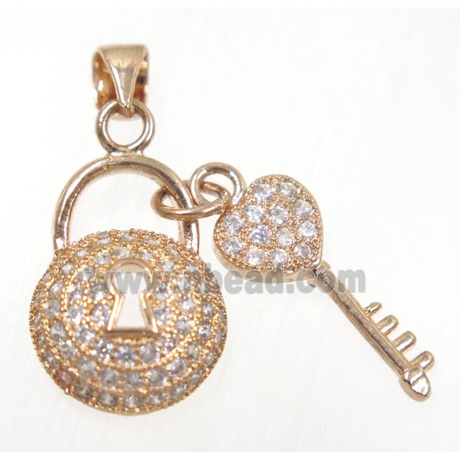 copper lock-key pendant paved zircon, rose gold