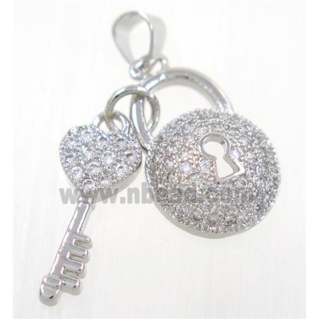 copper lock-key pendant paved zircon, platinum plated