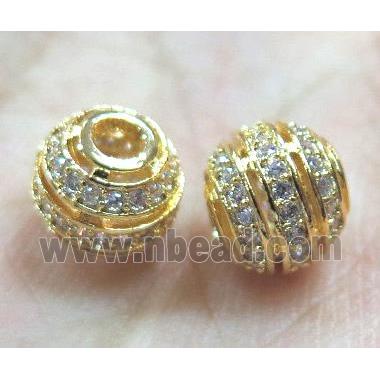 zircon, copper bead, round, gold plated