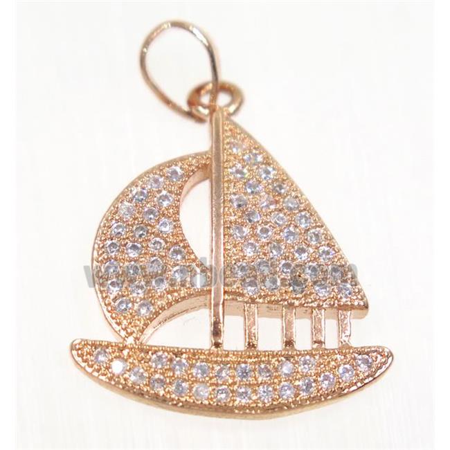 copper Sailing Boat pendant paved zircon, rose gold