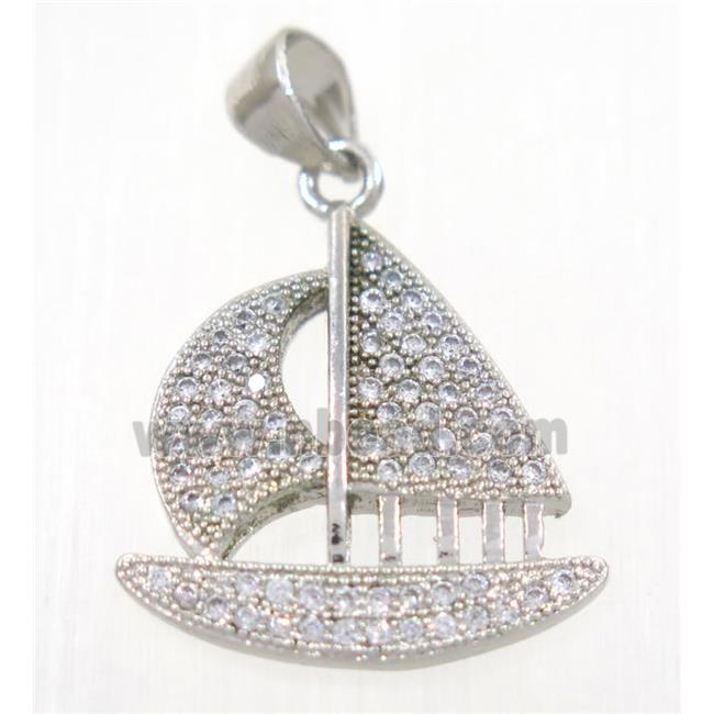 copper Sailing Boat pendant paved zircon, platinum plated