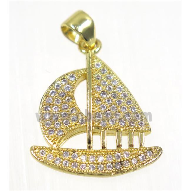 copper Sailing Boat pendant paved zircon, gold plated